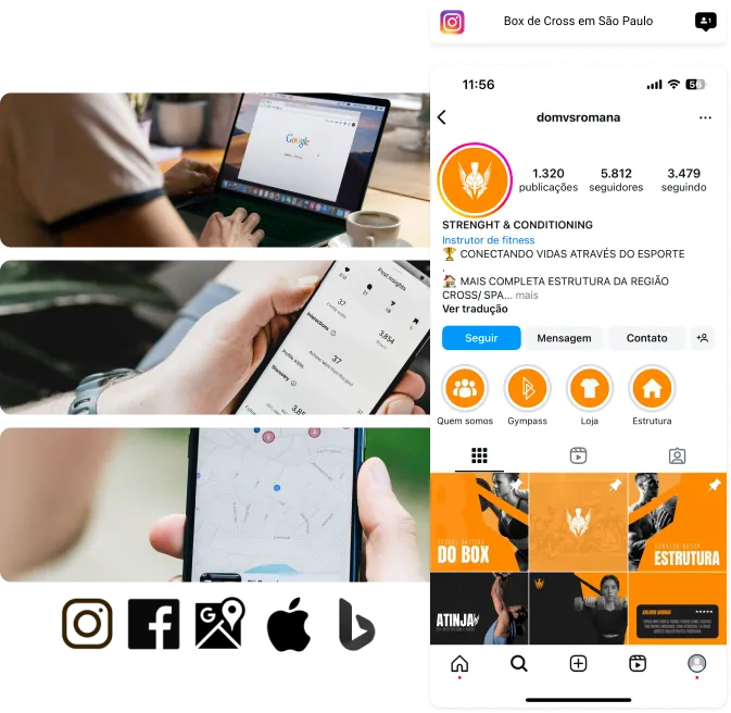 Perfil do Instagram gerenciado pela Axei e ícones das plataformas atendidas